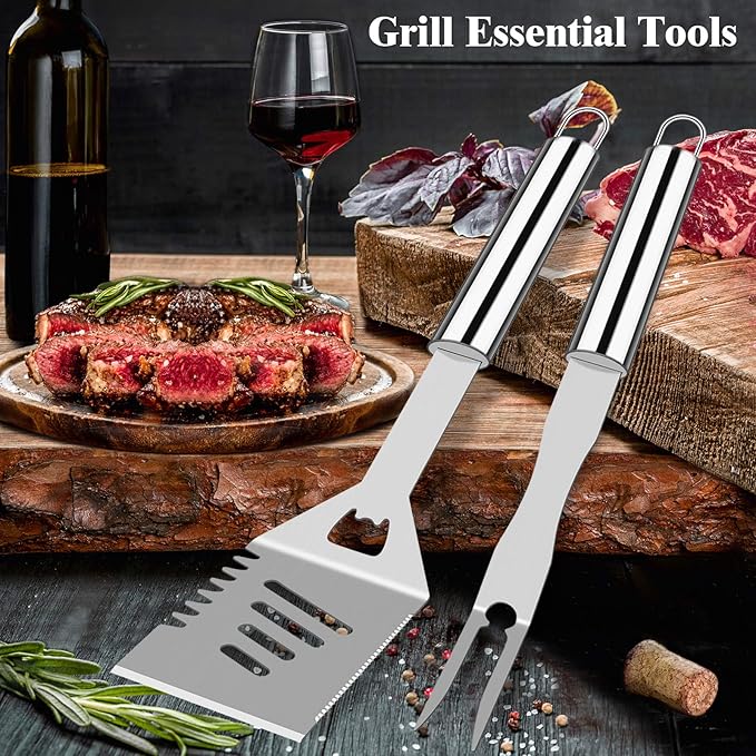 ROMANTICIST 25pcs Extra Thick BBQ Grill Accessories, Christmas Grilling Gifts Set for Men Dad, Heavy Duty Grill Tools Utensils Kit with Spatula, Tongs in Aluminum Case for Birthday Silver