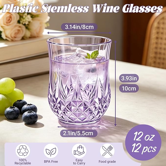 12 Pack Plastic Stemless Wine Glasses,12oz Unbreakable Vintage Elegant Drinking Glass Set,Reusable Fancy Cocktail Cups for Party, Wedding, and Bulk Events (12, 12oz-Purple)