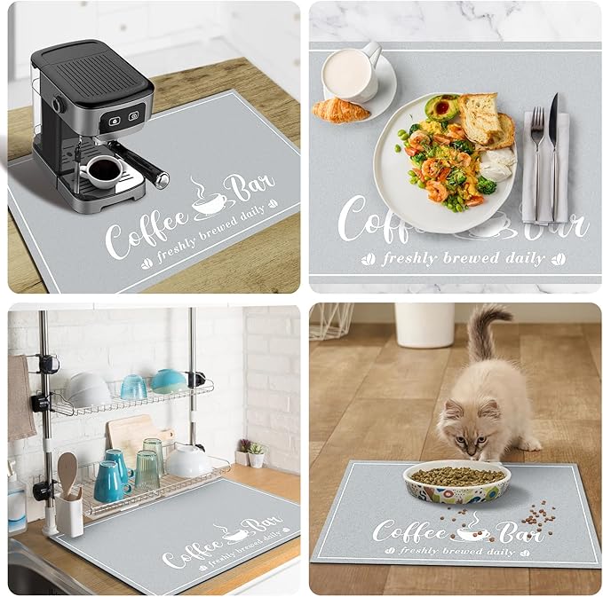 CooRug Absorbent Coffee Mat, Fashion Dish Drying Mat for Kitchen Counter Coffee Bar Accessories Espresso Machine Dish Rack 17" x 32" Light Grey