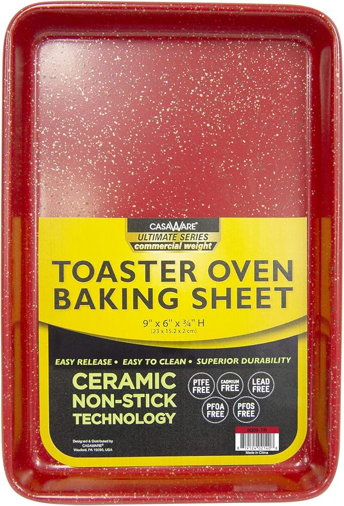 casaWare 9.75 x 6.62 x 0.75-Inch (Exterior) Toaster Oven Ultimate Series Commercial Weight Ceramic Non-Stick Coating Baking Pan (Red Granite)