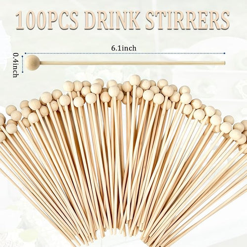 100PCS 6 Inch Wooden Rock Candy Sticks with Ball, Wood Swizzle Sticks for Drinks Cake Pops Coffee Stirrers Lollipop Making, Ideal for Party Supplies Home Baking DIY Dessert