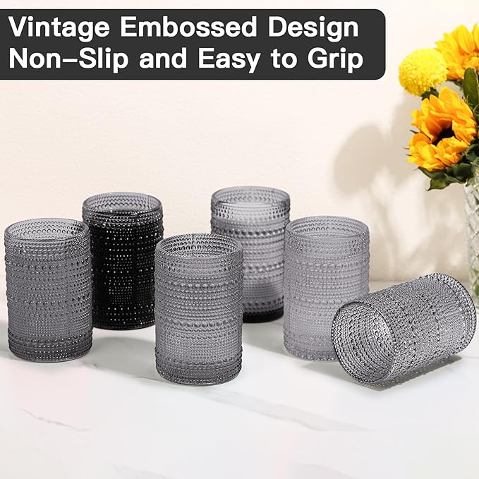JOVGANK Grey Vintage Hobnail Drinking Glasses Set of 6, Embossed Water Tumbler 15oz, Kitchen & Bar Beaded Highball Glasses, Beverage Glass Cups for Water, Beer, Juice, Housewarming, Mother's Day Gift