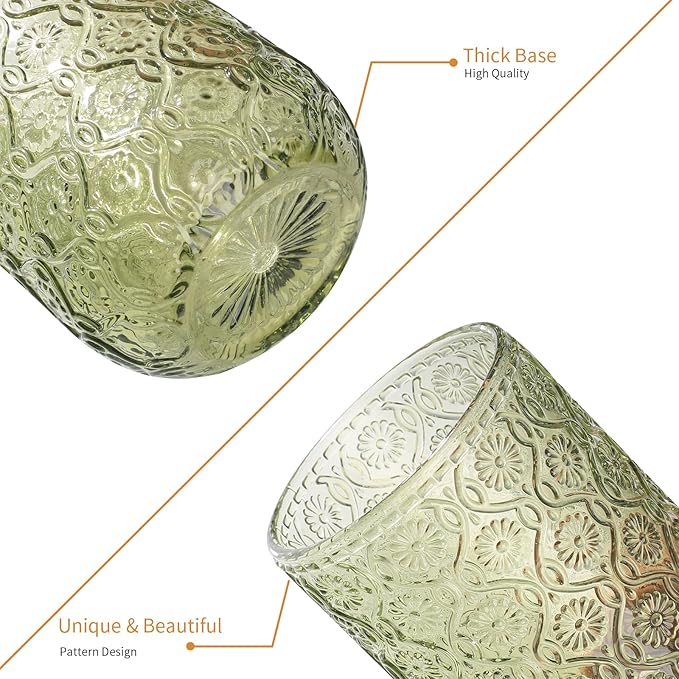 Set of 8 Vintage Embossed Glassware,4 Highball Glasses 14oz & 4 Rocks Drinking Glasses 9oz, Art Deco, for Wine, Water, Cocktail, Juice, Whiskey, Gift (Green)