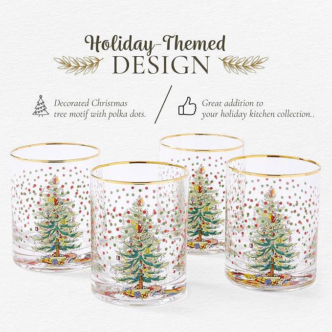 Spode Christmas Tree 14 Fl. Oz. Double Old Fashion Glass (Set of 4), Polka Dot - Whiskey & Bourbon Glasses for Festive Entertaining, Old-Fashioned & Rocks Glasses for Holiday Drinks