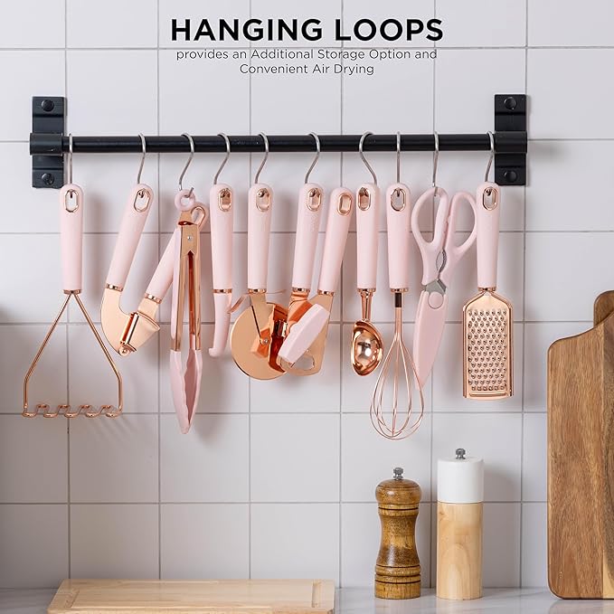 COOK WITH COLOR Kitchen Gadget Set Copper Plated Stainless Steel Utensils with Soft Touch Handles, Copper Pink, 10 Pieces