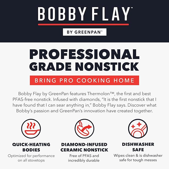 GreenPan x Bobby Flay 2.5QT Nonstick Saucepan with Glass Lid, PFAS-Free Diamond Ceramic, Induction Suitable, Stay-Cool Silicone Handle, Easy Clean Dishwasher & Oven Safe, Chef Pan, Cream