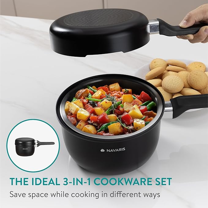 Navaris All in One Frying Pan Set - Ceramic Non Stick Cooking Pan & Small Saucepan with Lid & Stainless Steel Steamer Basket - Cookware Steam Pot & Saucepans - Set of 3