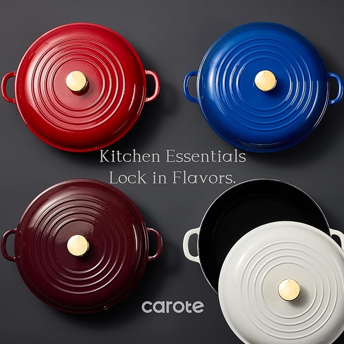 CAROTE 3.4QT Enameled Cast Iron Braiser Pan, Shallow Dutch Oven Casserole Skillets, Non-Toxic Cast Iron Pot with Lid for Grilling, Searing, Baking, Dual Handles, All Stovetop Compatible, White