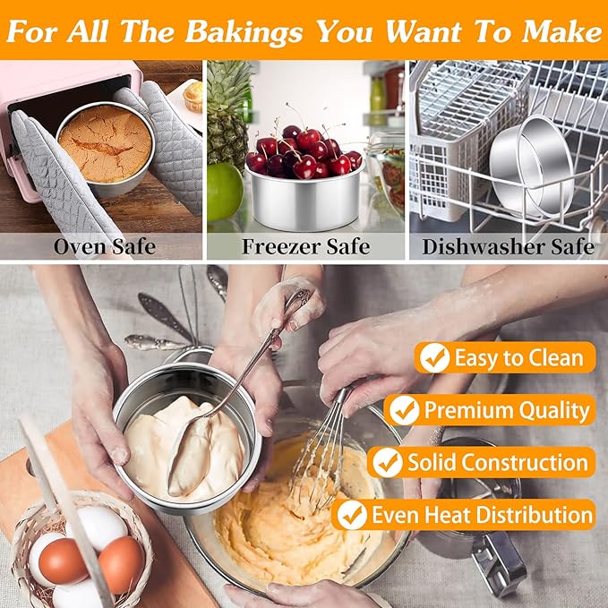 P&P CHEF 4 Inch Round Cake Pan Set of 3, Stainless Steel Round Baking Layer Pans Bakeware for Layer Birthday Cake, Fit Oven/Pots/Pressure Cooker, Leakproof & Dishwasher Safe, Silver