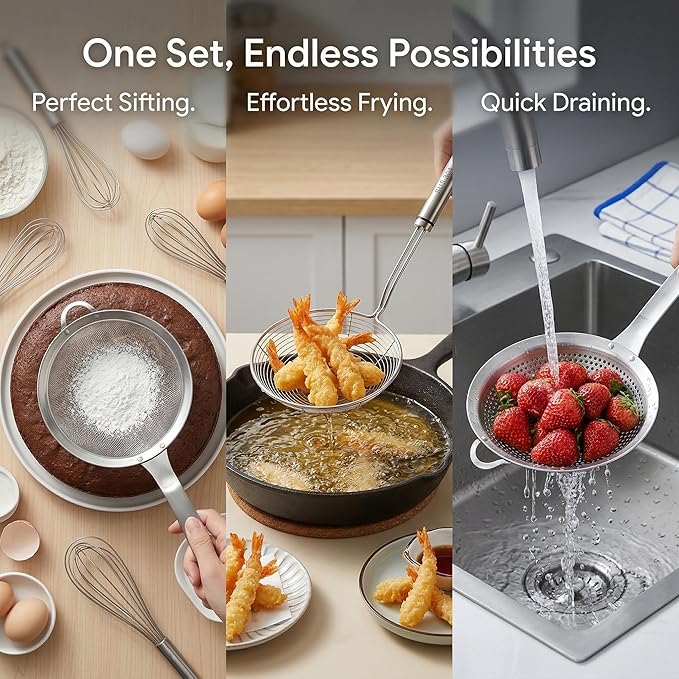 Suwimut 3 Pieces Spider Strainer Skimmer Spoon Set, Fine Mesh Stainless Steel Sieve Food Strainers, Large Hole Slotted Colander Frying Spoons, Strainer Ladle Wire Skimmer Spoon with Handle for Kitchen