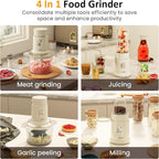 Sunvivi 4-in-1 Electric Food Chopper & Small Food Processor, Meat Grinder, Garlic Peeler & Juicer, 2-Speed Mini Food Processor with 1.5L Glass Bowl and 2 Cups (0.4L+0.2L), Beige