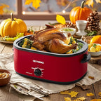 26 Quart Electric Roaster Oven with Visible & Self-Basting Lid, Large Turkey Roaster with Defrost Warm Function, Adjustable Temperature, Removable Pan Rack, Stainless Steel, Red