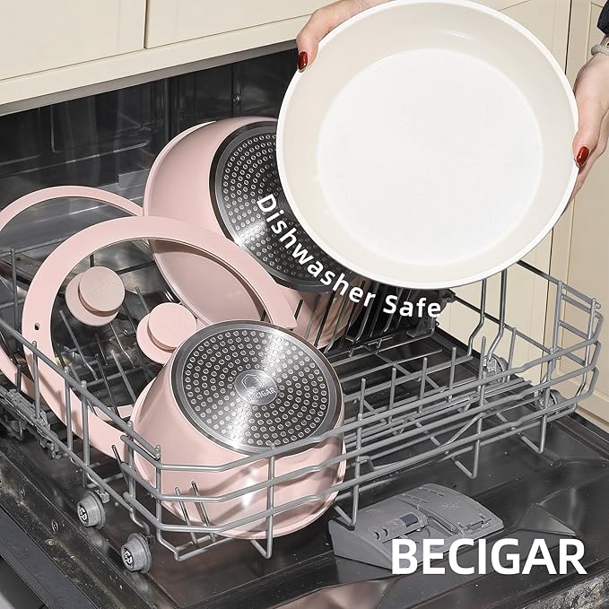 BECIGAR 23pcs Ceramic Pots and Pans Set, Nonstick Detachable Handle Cookware, Induction Kitchen Cooking Set with Removable Handle,include Frying Pans & Saucepans Oven Safe(Pink)