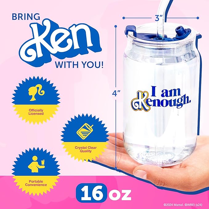 Dragon Glassware x Barbie The Movie - 16 oz Glass Cups with Lids and Straws, Set of 2 - Iced Coffee Cups with Lids - Versatile Glass Tumbler with Straw and Lid - I'm Just Ken