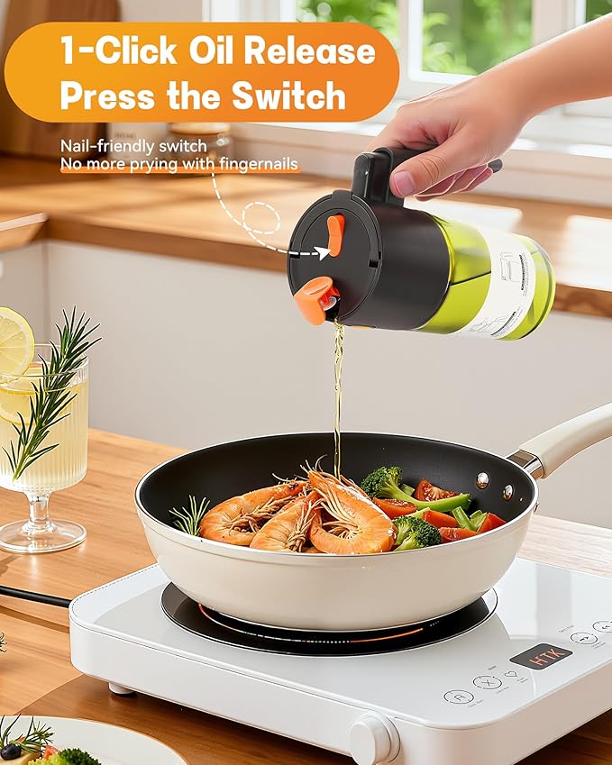 OURCABECUE Upgrade 2 in 1 Oil Sprayer for Cooking, 17oz Light-Blocking Glass Olive Oil Dispenser Bottle for Kitchen, Food-Grade Oil Mister with 8 Stickers for Salad, Frying (Green Bottle-Black Gap)