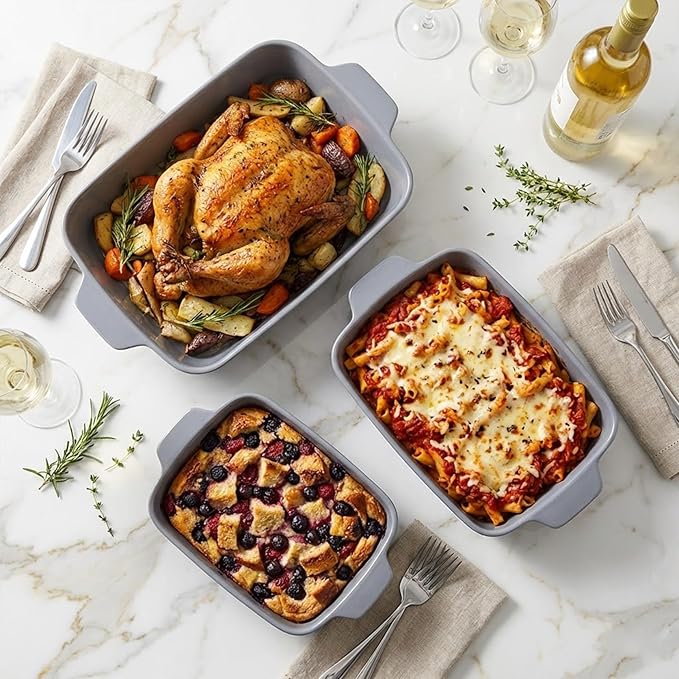 Yachi Ceramic Casserole Dishes for Oven Set of 3 Pcs Rectangular Bakeware Set with Handle for Steak Beef Baking Pan Roast Chicken spaghetti Lasagna Pan vegetables Microwave Oven and Dishwasher Safe Gray (14.8''/12.7''/9.8'')