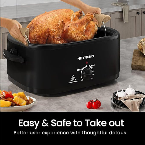 18Qt Roaster Oven Buffet with Self-Basting Lid, 1450W Stainless Steel Electric Turkey Roaster Oven with Cool-Touch Handles, Removable Pan and Rack, Black
