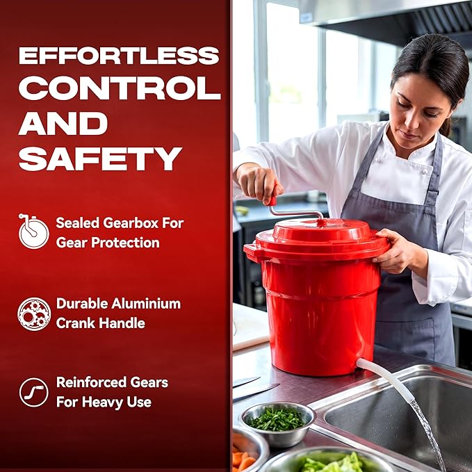 5 Gallon Chef Master Commercial Salad Spinner Dryer – Hand Powered Manual Lettuce Spinner and Fruit Washer Bowl w/ Strainer - Sealed Gearbox, Built In Brake System - Durable Spinner Mechanism - 90005