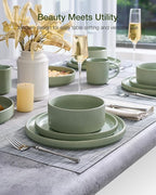 Famiware Star 24-Piece Stoneware Dinnerware Sets for 6 - Shallow Pasta Bowls & Flat Plates, Modern Rustic Reactive Glaze Dishes, Chip & Scratch Resistant, Microwave & Dishwasher Safe, Matte Sage Green