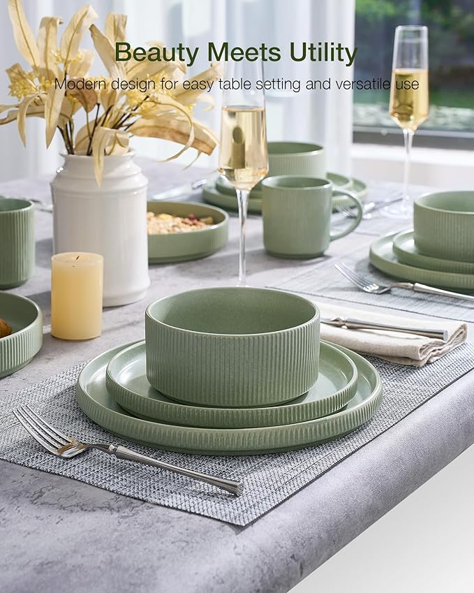 Famiware Star 16-Piece Stoneware Dinnerware Sets for 4 - Shallow Pasta Bowls & Flat Plates, Modern Rustic Reactive Glaze Dishes, Chip & Scratch Resistant, Microwave & Dishwasher Safe, Matte Sage Green