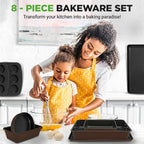 NutriChef 8-Piece Nonstick Stackable Bakeware Set – Non Toxic Carbon Steel Baking Trays W/Cookies Sheet Muffin, Loaf, Cake, Round & Square Pan – Easy To clean & Easy to Release, Oven Safe – Brown