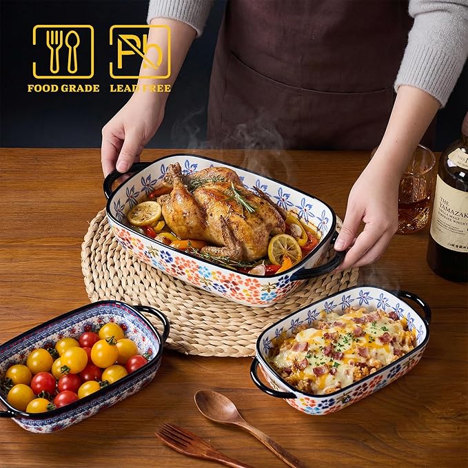 Ceramic Casserole Dishes for Oven, Hand-painted Polish Pottery Baking Dish Set of 2, 0.8QT / 2QT Porcelain Casserole Dish with Handles, Baking Pan Lasagna Pan, Gift for Family/Friend (Yellow)