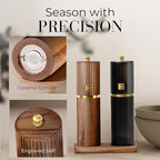 Wooden Salt and Pepper Grinder Set – Refillable Manual Salt and Pepper Mills with Adjustable Ceramic Burrs, Gold Detailing, and Wood Stand – Black and Dark Wood