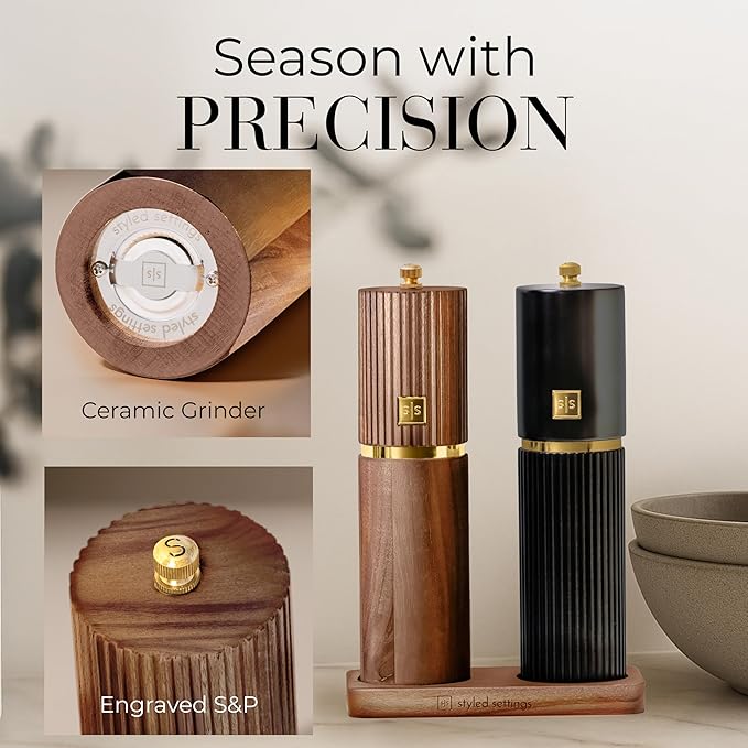 Wooden Salt and Pepper Grinder Set – Refillable Manual Salt and Pepper Mills with Adjustable Ceramic Burrs, Gold Detailing, and Wood Stand – Black and Dark Wood