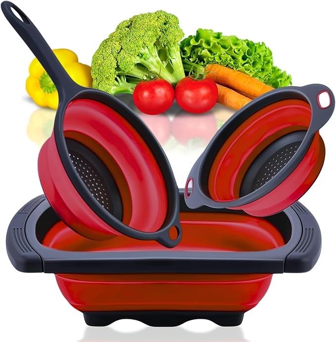 Set of 3 Red Food Strainer for Kitchen - Silicone Sieve Small Foldable Colander for Pasta and Spaghetti Multifunctional Silicone Collapsible Strainer for Camping