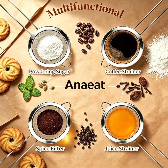 Anaeat Fine Mesh Strainers - Premium Stainless Steel Colander Sieve Sifters, with Durable Mesh and Sturdy Handle, Excellent for Sifting Dry ingredients, Flour, Pastas, Rice, Tea (7.09"）