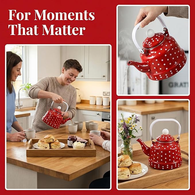 1.8 Quart Red Vintage Enamel Tea Kettle - Stovetop Safe Cute Retro Water Kettle, Enamel on Steel No Whistling Hot Water Pot for Home Kitchen Decor, Coffee & Tea Making