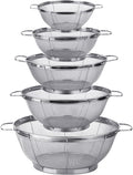 5 Pack 18/8 Stainless Steel Colander Sieves, Multi Size Mesh Strainer Net Baskets with Handles & Resting Base for Strain, Drain, Rinse or Steam
