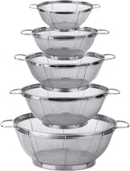 5 Pack 18/8 Stainless Steel Colander Sieves, Multi Size Mesh Strainer Net Baskets with Handles & Resting Base for Strain, Drain, Rinse or Steam