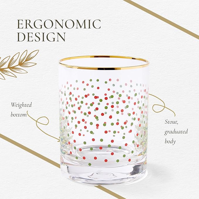 Spode Christmas Tree 14 Fl. Oz. Double Old Fashion Glass (Set of 4), Polka Dot - Whiskey & Bourbon Glasses for Festive Entertaining, Old-Fashioned & Rocks Glasses for Holiday Drinks (Pack of 2)