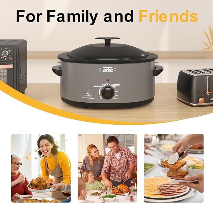 8 Quart Roaster Oven with Self-Basting Lid, with Removable Roasting Rack, Turkey Defrost & Warm Function, Adjustable Temperature for Use as a Slow Cooker, Stainless Steel, Grey