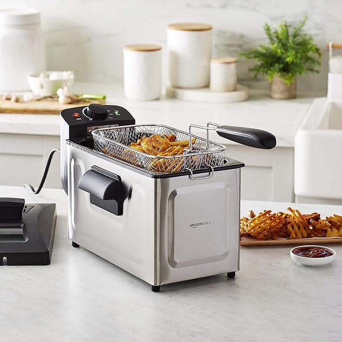 Amazon Basics 3.2-Qt (3.0L) Electric Deep Fryer with Adjustable Temperature Control, Easy Draining Basket, Viewing Window, Fast-Heating 1500W, Stainless Steel Exterior, Black & Silver