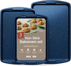 BAKKEN Kitchen Baking Pan Set - Nonstick Coating, Commercial Grade Carbon Steel Bakeware Sets, Baking Kitchen Essentials, PFOA, PFOS, PTFE Free, Oven Safe Tray (Up To 450° F), Set of 3, Blue Marble