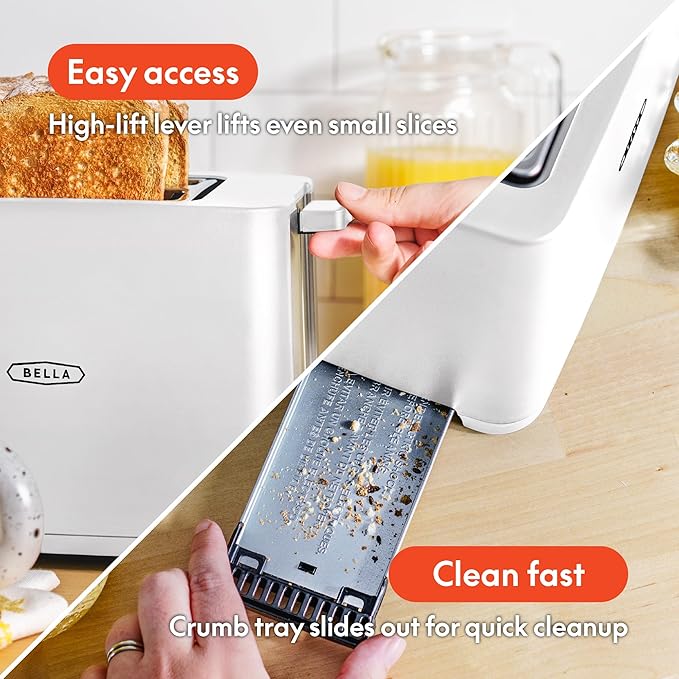 BELLA 2 Slice Toaster with Auto Shut Off - Extra Wide Slots & Removable Crumb Tray and Cancel, Defrost & Reheat Function - Toast Bread, Bagel & Waffle, White
