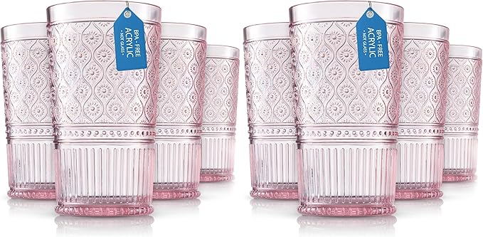Godinger Highball Drinking Glasses, Acrylic Drinking Glasses Set, Elegant Tall Plastic Cups, Vintage Romantic Decor - Set of 4, Blush (Pack of 2)