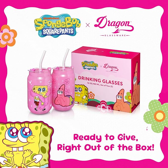 Dragon Glassware x SpongeBob SquarePants 16 oz Drinking Glasses Set of 2 - Glass Cups with Lids and Straws - Iced Coffee Cups with Lids - Reusable Glass Tumbler with Straw and Lid - SpongeBob - Pink