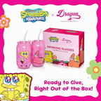 Dragon Glassware x SpongeBob SquarePants 16 oz Drinking Glasses Set of 2 - Glass Cups with Lids and Straws - Iced Coffee Cups with Lids - Reusable Glass Tumbler with Straw and Lid - SpongeBob - Pink