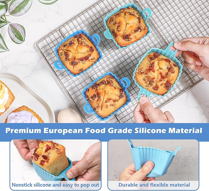 Koluti Reusable Egg Bites Silicone Mold Set of 4, Nonstick Muffin Baking Cupcake with Double Handle, Small Square Air Fryer Cupcake Liners, 2 Color
