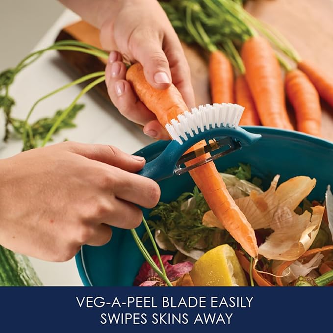 Rachael Ray Tools and Gadgets Kitchen Prep, Garbage Bowl with Lid, Bench Scrape, Veggie Peeler, 4 Piece Food Prep Set - Marine Blue