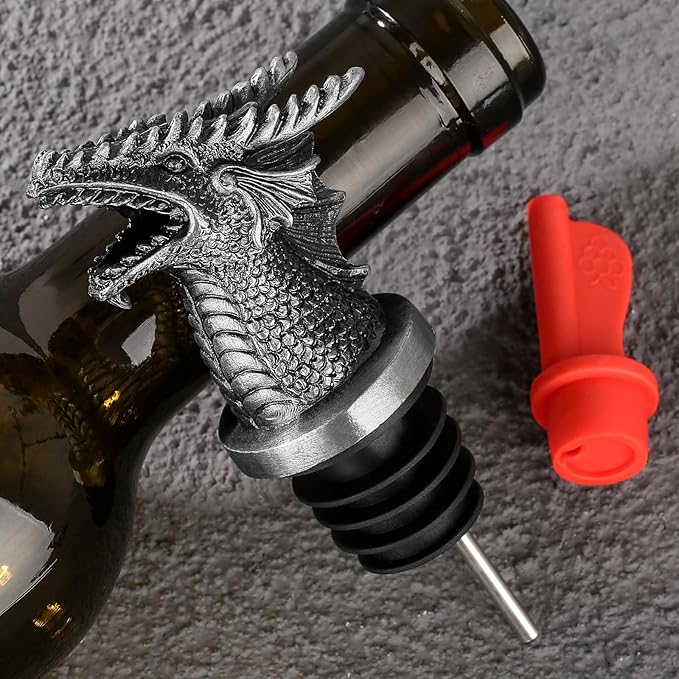 Dragon Head 2-In-1 Wine Bottle Pourer and Stopper, Gifts for Men Women Dragon Fans, Liquor Bottle Pourers Spout for Alcohol Spirits, Wine Accessories, Dark Silver