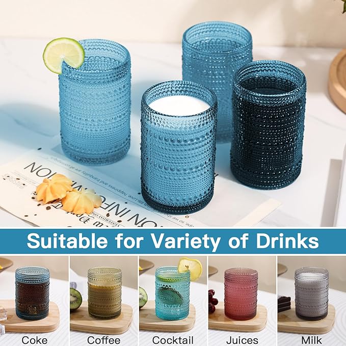 JOVGANK Blue Vintage Hobnail Drinking Glasses Set of 6, Water Tumbler 15oz, Kitchen & Bar Beaded Highball Glasses, Beverage Glass Cups for Water, Beer, Juice, Housewarming and Mother's Day Gift