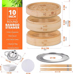 KITCHENCRUST Bamboo Steamer Basket for Chinese Asian Cuisine - 2 Tier 10-Inch Steaming Basket Bun Vegetable Steam, Dumpling Steamer bamboo steam basket, Sauce Dish, Chopsticks, Reusable Liners, Ring