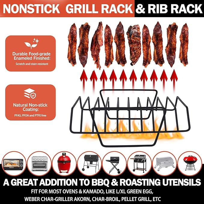 Roasting Rack for Turkey, Non-Stick Safe Coating Heavy-duty Turkey Rack for Roasting Pan, 2-in-1 Rib Rack for Smoker Grill, Roasting Rack Insert for Smokers, Oven Cooking