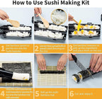 Complete Sushi Making Kit, 21 Pieces, Black Bazooka Roller with Natural Bamboo Mats, Knife, Chopsticks, Dipping Dishes, Rice Tools, DIY Home Sushi Rolling Set