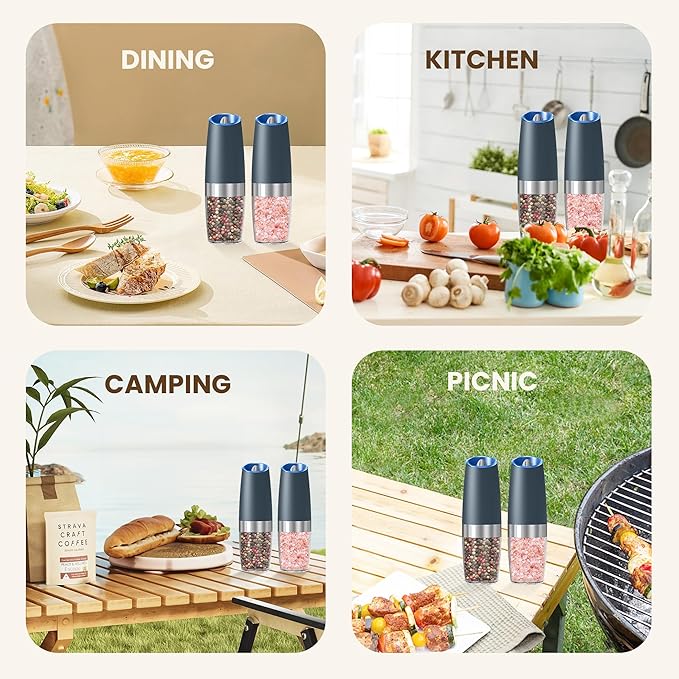 Gravity Electric Salt And Pepper Grinder Set, Automatic Salt And Pepper Grinder Set, Battery Powered (6 AAA Batteries Each), Adjustable Roughness, LED Light, 2 Pack, (Grey)