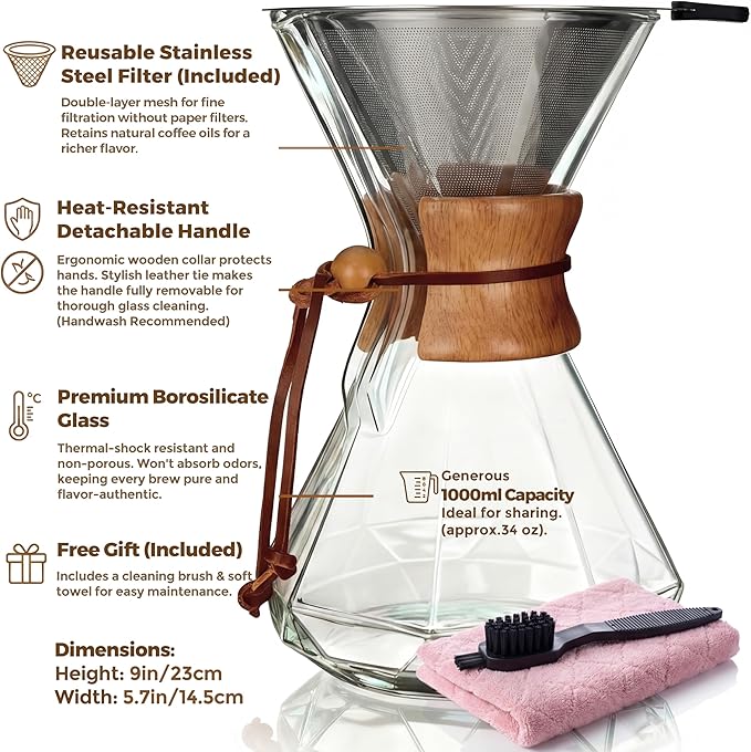 AGOGO Pour Over Coffee Maker Glass - Barista Kit with 304 Stainless Filter for Home, Office, Camping, Cafes - Easy Clean Coffee Dripper Set (Soft Towel&Brush) (34oz Diamond Design w/SS Filter)